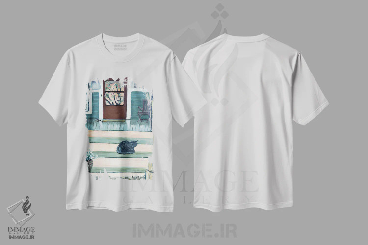 تیشرت سفید طرح دار عصر روی ایوان، مدیوم اثر دبورا ایو آلاسترا | فروشگاه ایماژ
