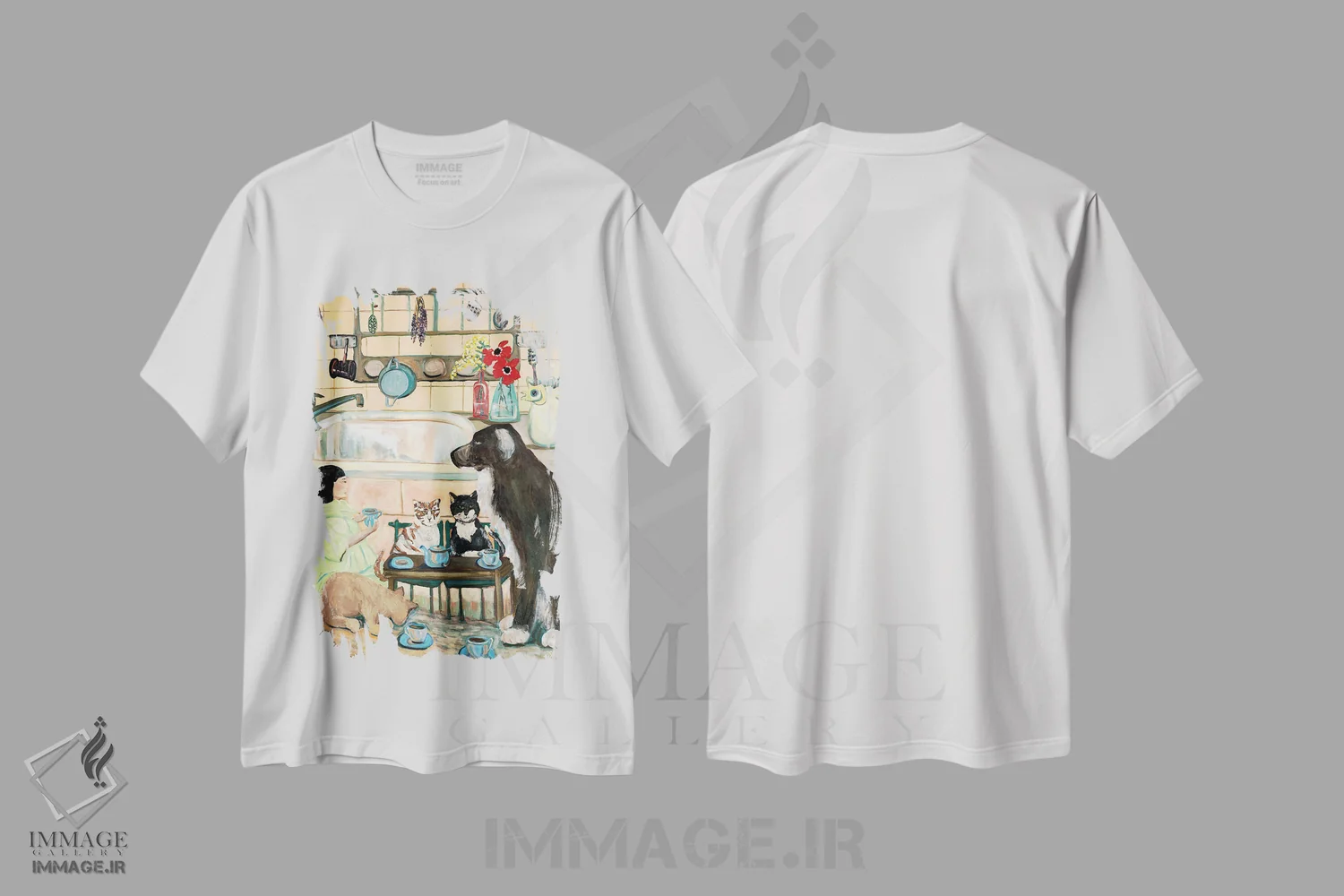 تیشرت سفید طرح دار مهمانی چای با ظروف آنتیک، هنر فاخر معاصر اثر دبورا ایو آلاسترا | فروشگاه ایماژ