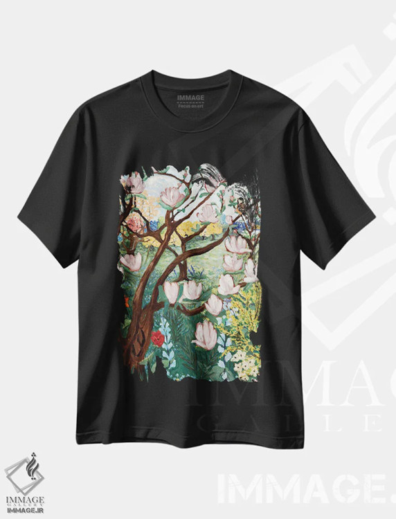تیشرت مشکی طرح دار شکوفه های مگنولیا، هنر فاخر معاصر اثر دبورا ایو آلاسترا | فروشگاه ایماژ