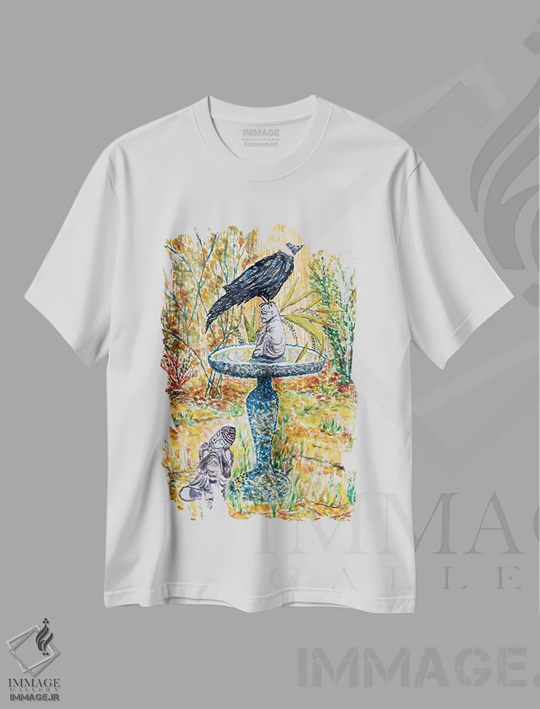 تیشرت سفید طرح دار بودای کلاغ، هنر فاخر معاصر اثر دبورا ایو آلاسترا | immage.ir