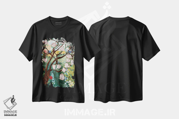 تیشرت مشکی طرح دار شکوفه های مگنولیا، هنر فاخر معاصر اثر دبورا ایو آلاسترا | فروشگاه ایماژ