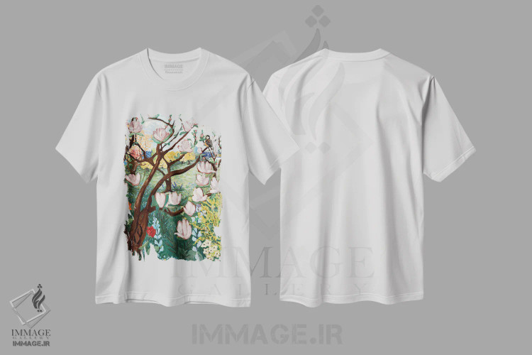 تیشرت سفید طرح دار شکوفه های مگنولیا، هنر فاخر معاصر اثر دبورا ایو آلاسترا | immage.ir