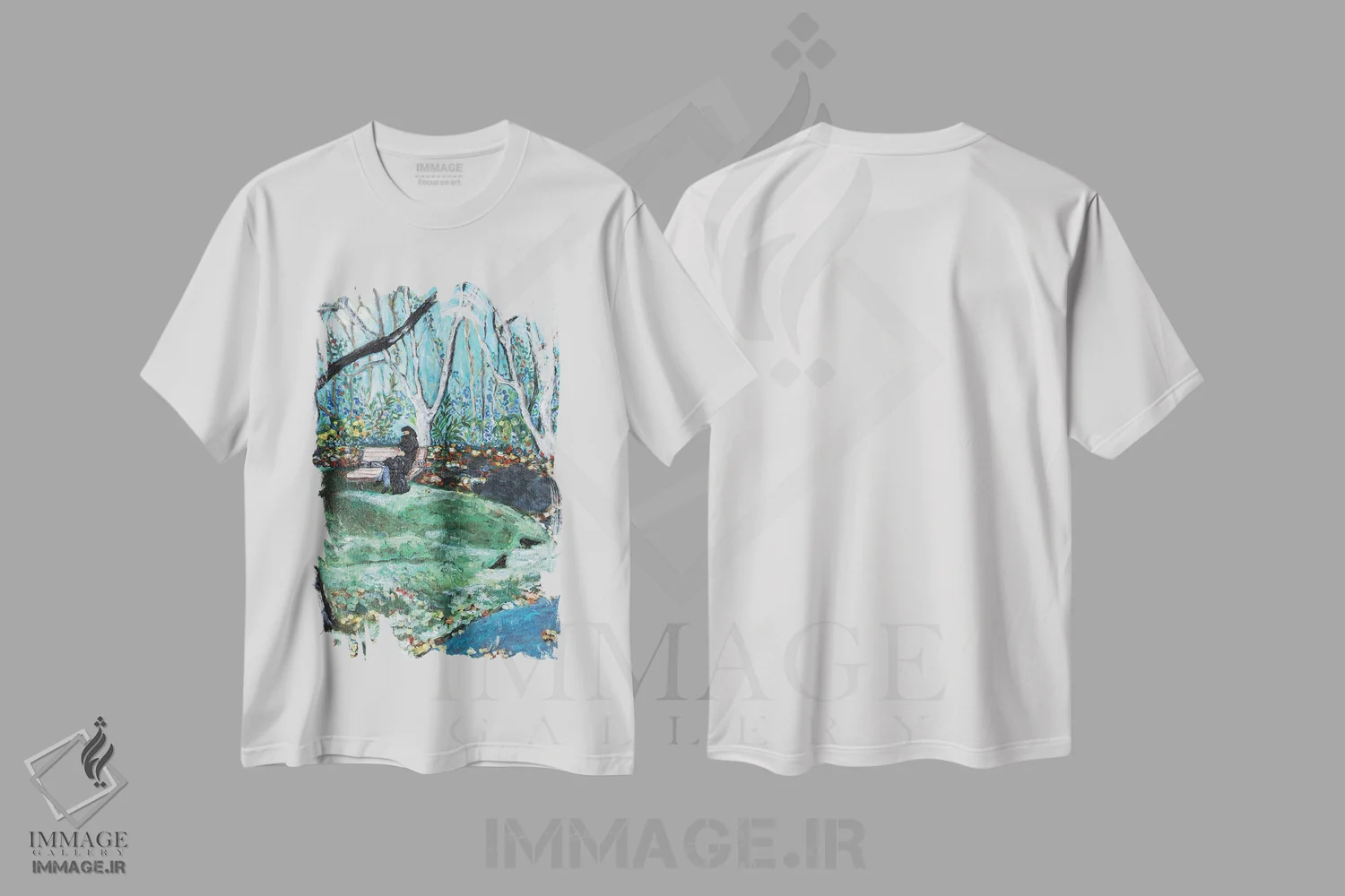 تیشرت سفید طرح دار آخرین برگ های پاییزی، هنر فاخر معاصر اثر دبورا ایو آلاسترا | فروشگاه ایماژ