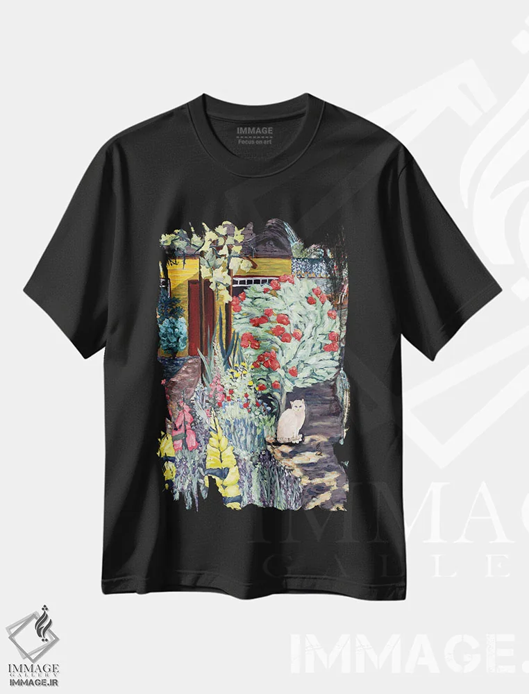 تیشرت مشکی طرح دار باغ همسایه، هنر فاخر معاصر اثر دبورا ایو آلاسترا | فروشگاه ایماژ