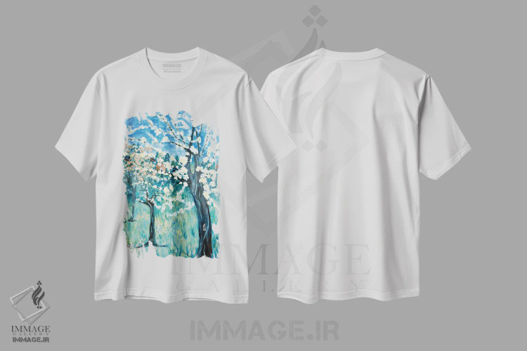تیشرت سفید طرح دار شکوفه های سیب، هنر فاخر معاصر اثر دبورا ایو آلاسترا | فروشگاه ایماژ