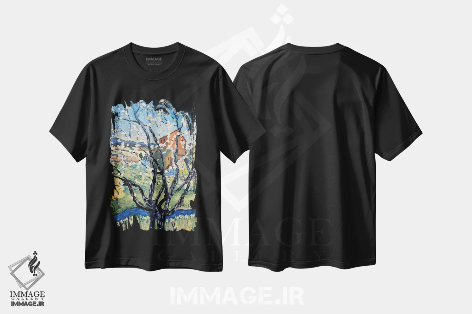 تیشرت مشکی طرح دار نمای درخت گیلاس، هنر فاخر معاصر اثر دبورا ایو آلاسترا | فروشگاه ایماژ