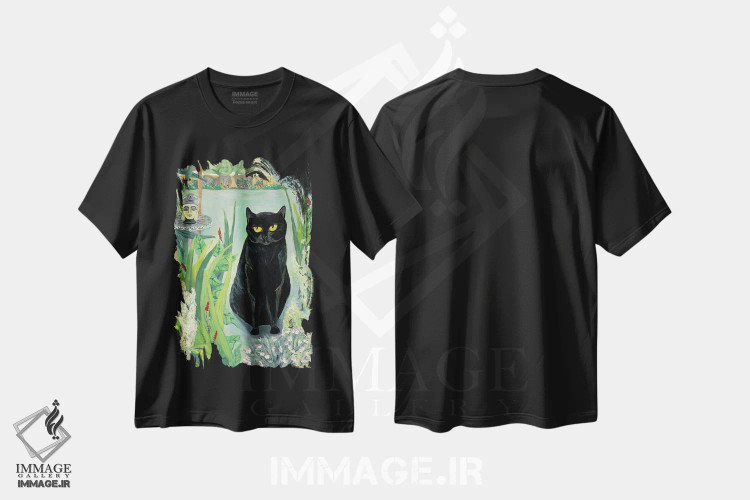 تیشرت مشکی طرح دار بودای باغ، هنر فاخر معاصر اثر دبورا ایو آلاسترا | فروشگاه ایماژ