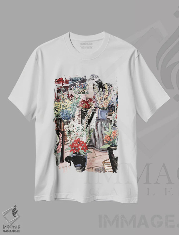 تیشرت سفید طرح دار بانوی گل ها، هنر فاخر معاصر اثر دبورا ایو آلاسترا | فروشگاه ایماژ