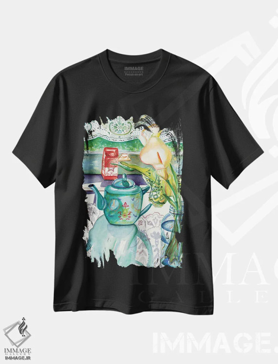 تیشرت مشکی طرح دار انعکاس ها بر تور، هنر فاخر معاصر اثر دبورا ایو آلاسترا | فروشگاه ایماژ