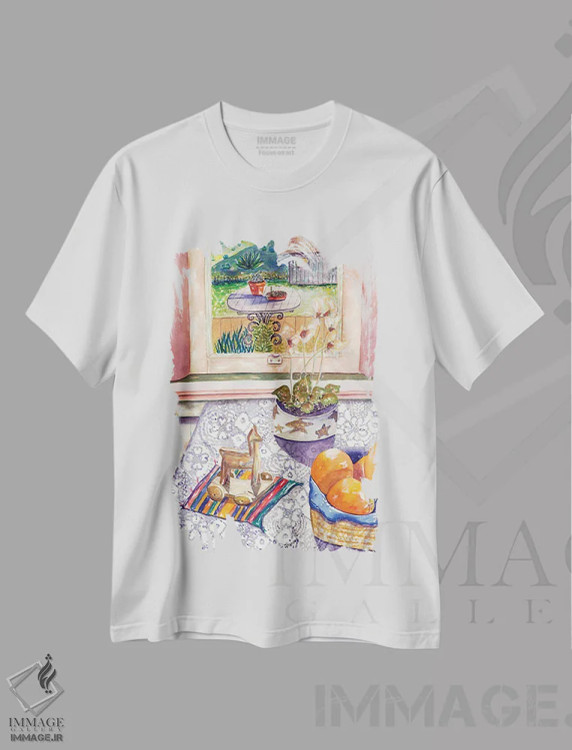 تیشرت سفید طرح دار طبیعت بی جان پرتقال، هنر فاخر معاصر اثر دبورا ایو آلاسترا | فروشگاه ایماژ