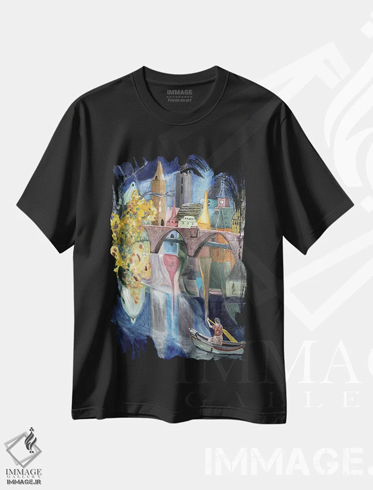 تیشرت مشکی طرح دار مقابله با جریان آب، هنر فاخر معاصر اثر دبورا ایو آلاسترا | فروشگاه ایماژ