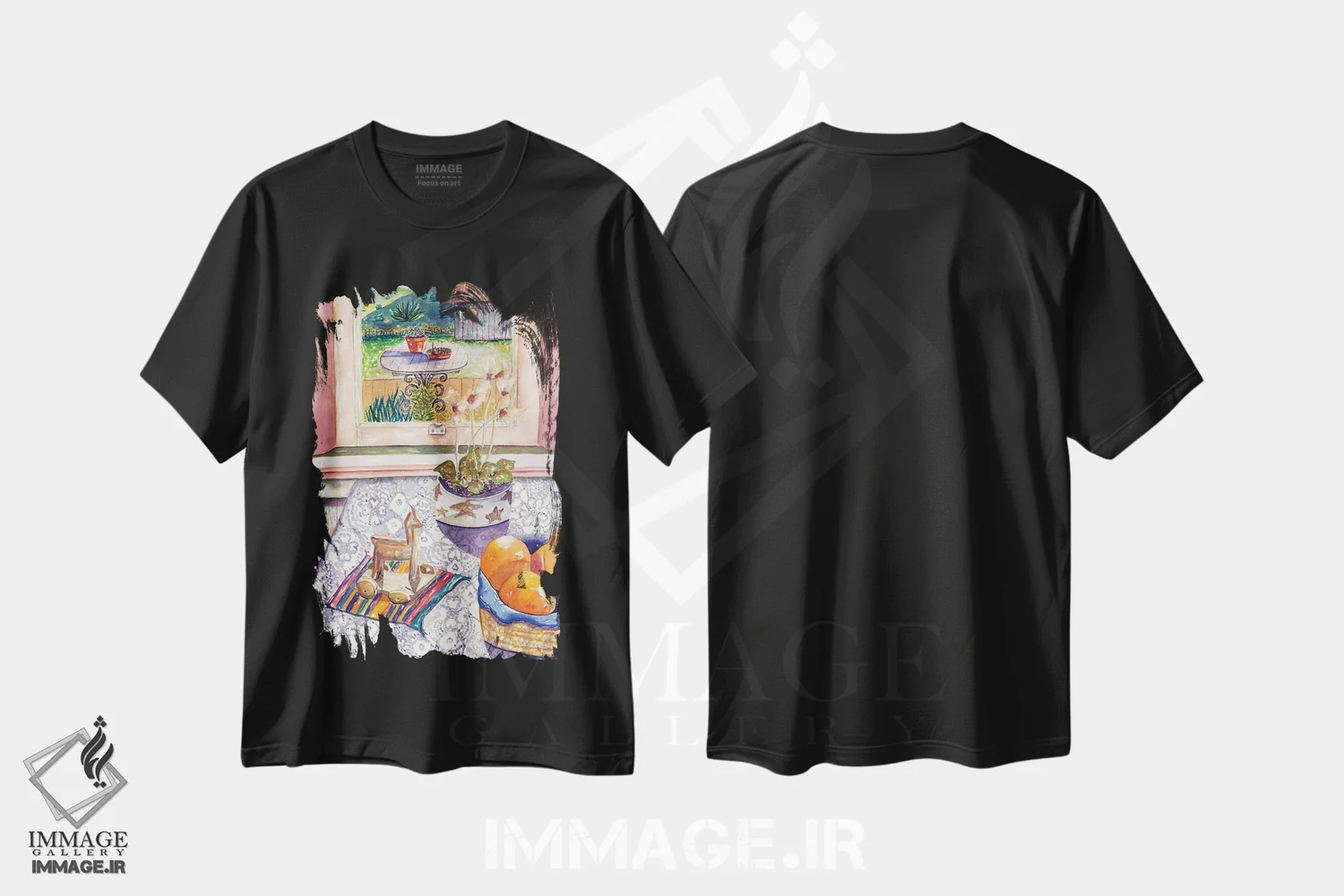 تیشرت مشکی طرح دار طبیعت بی جان پرتقال، هنر فاخر معاصر اثر دبورا ایو آلاسترا | immage.ir