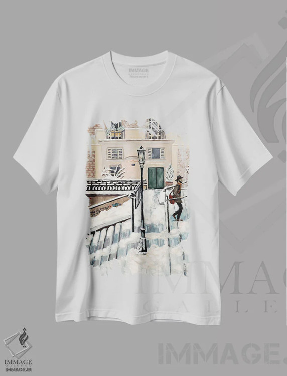 تیشرت سفید طرح دار برف مونمارتر، هنر فاخر معاصر اثر دبورا ایو آلاسترا | فروشگاه ایماژ
