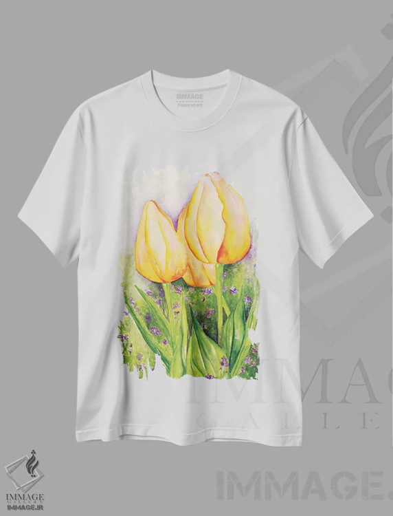 تیشرت سفید طرح دار لاله های زرد، هنر فاخر معاصر اثر دبورا ایو آلاسترا | فروشگاه ایماژ