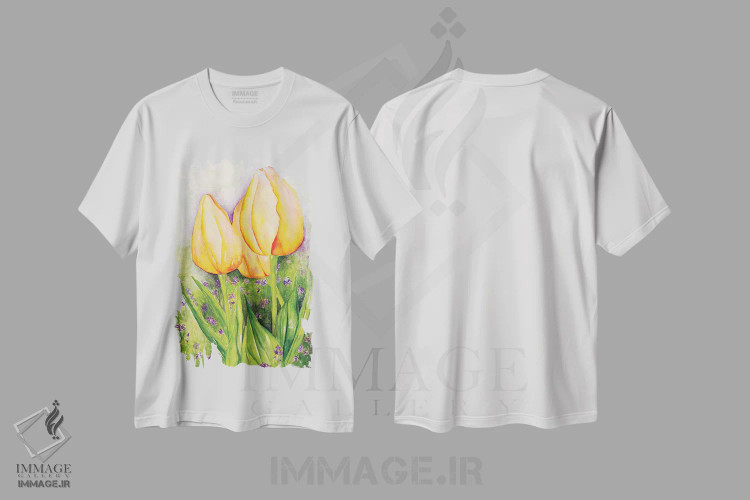 تیشرت سفید طرح دار لاله های زرد، هنر فاخر معاصر اثر دبورا ایو آلاسترا | فروشگاه ایماژ