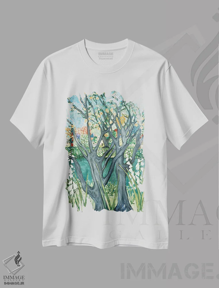 تیشرت سفید طرح دار نمای بهاری، هنر فاخر معاصر اثر دبورا ایو آلاسترا | فروشگاه ایماژ
