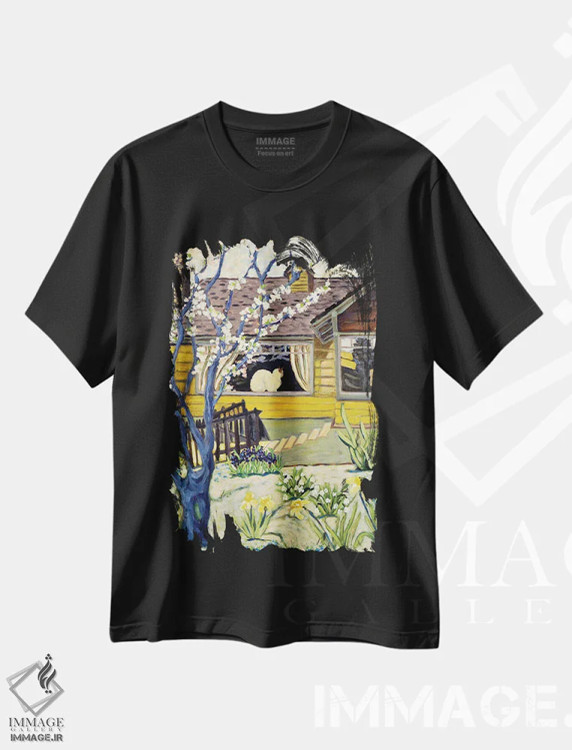 تیشرت مشکی طرح دار خانهٔ زرد، هنر فاخر معاصر اثر دبورا ایو آلاسترا | فروشگاه ایماژ