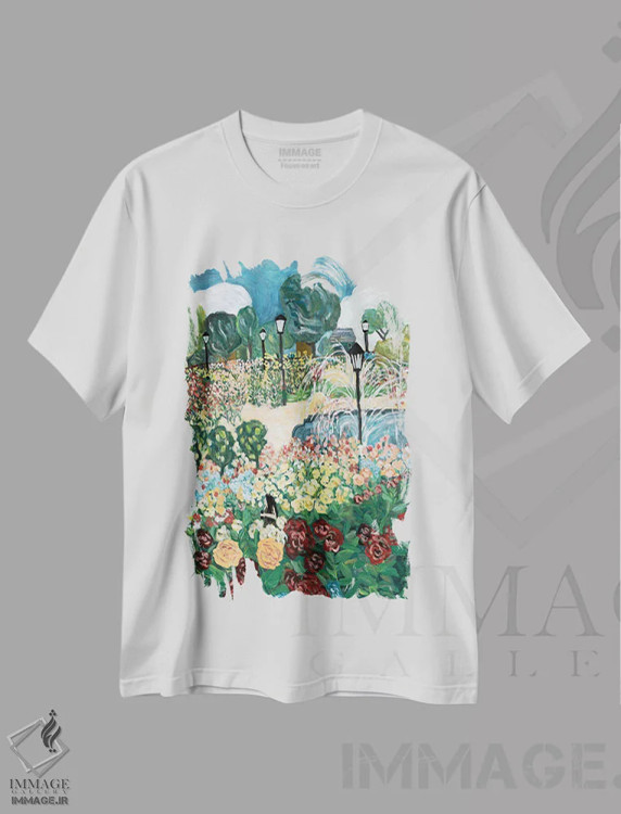 تیشرت سفید طرح دار باغ رز، هنر فاخر معاصر اثر دبورا ایو آلاسترا | فروشگاه ایماژ