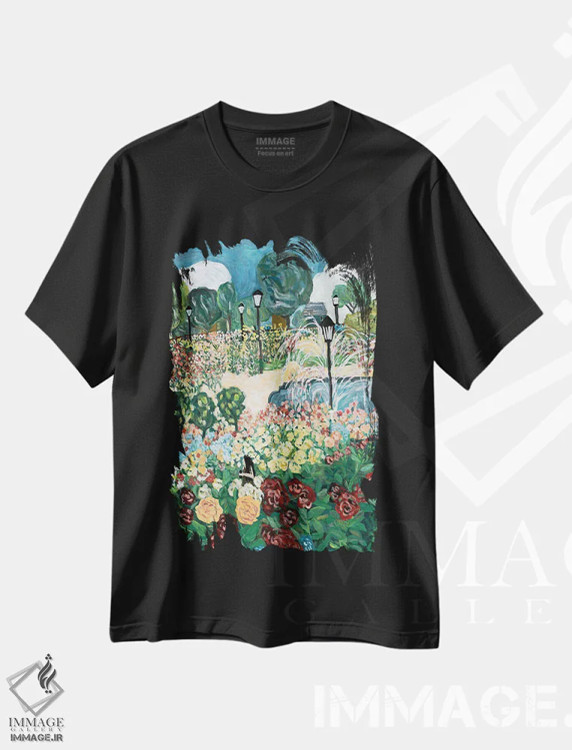 تیشرت مشکی طرح دار باغ رز، هنر فاخر معاصر اثر دبورا ایو آلاسترا | immage.ir