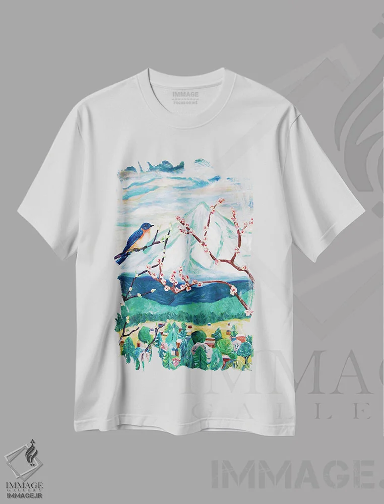 تیشرت سفید طرح دار نشانه های بهار، هنر فاخر معاصر اثر دبورا ایو آلاسترا | فروشگاه ایماژ