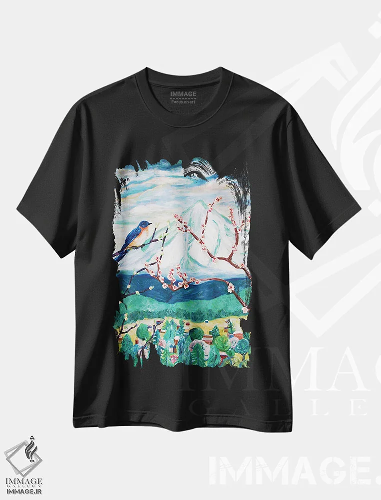 تیشرت مشکی طرح دار نشانه های بهار، هنر فاخر معاصر اثر دبورا ایو آلاسترا | immage.ir