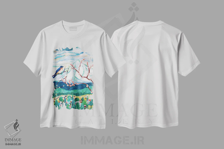 تیشرت سفید طرح دار نشانه های بهار، هنر فاخر معاصر اثر دبورا ایو آلاسترا | فروشگاه ایماژ