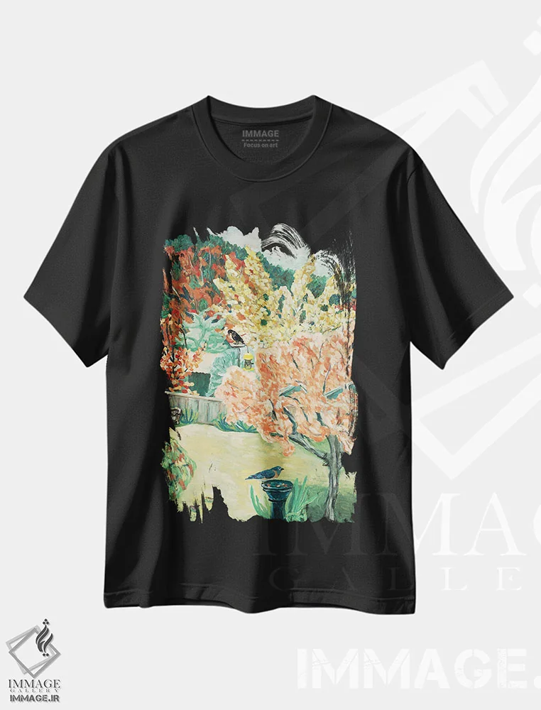 تیشرت مشکی طرح دار پاییز حیاط پشتی، هنر فاخر معاصر اثر دبورا ایو آلاسترا | فروشگاه ایماژ