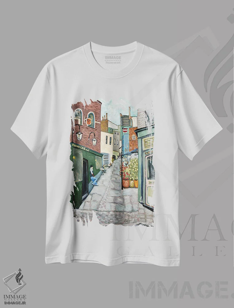 تیشرت سفید طرح دار روستای همپستد، هنر فاخر معاصر اثر دبورا ایو آلاسترا | فروشگاه ایماژ