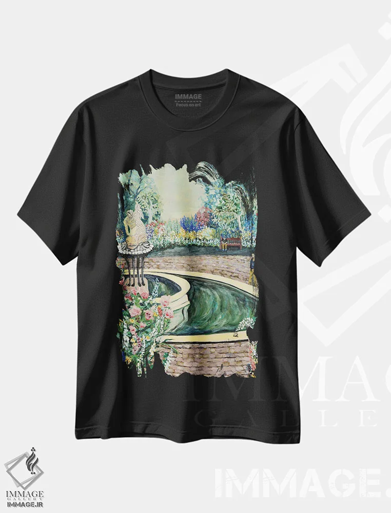 تیشرت مشکی طرح دار باغ ملکه، هنر فاخر معاصر اثر دبورا ایو آلاسترا | فروشگاه ایماژ