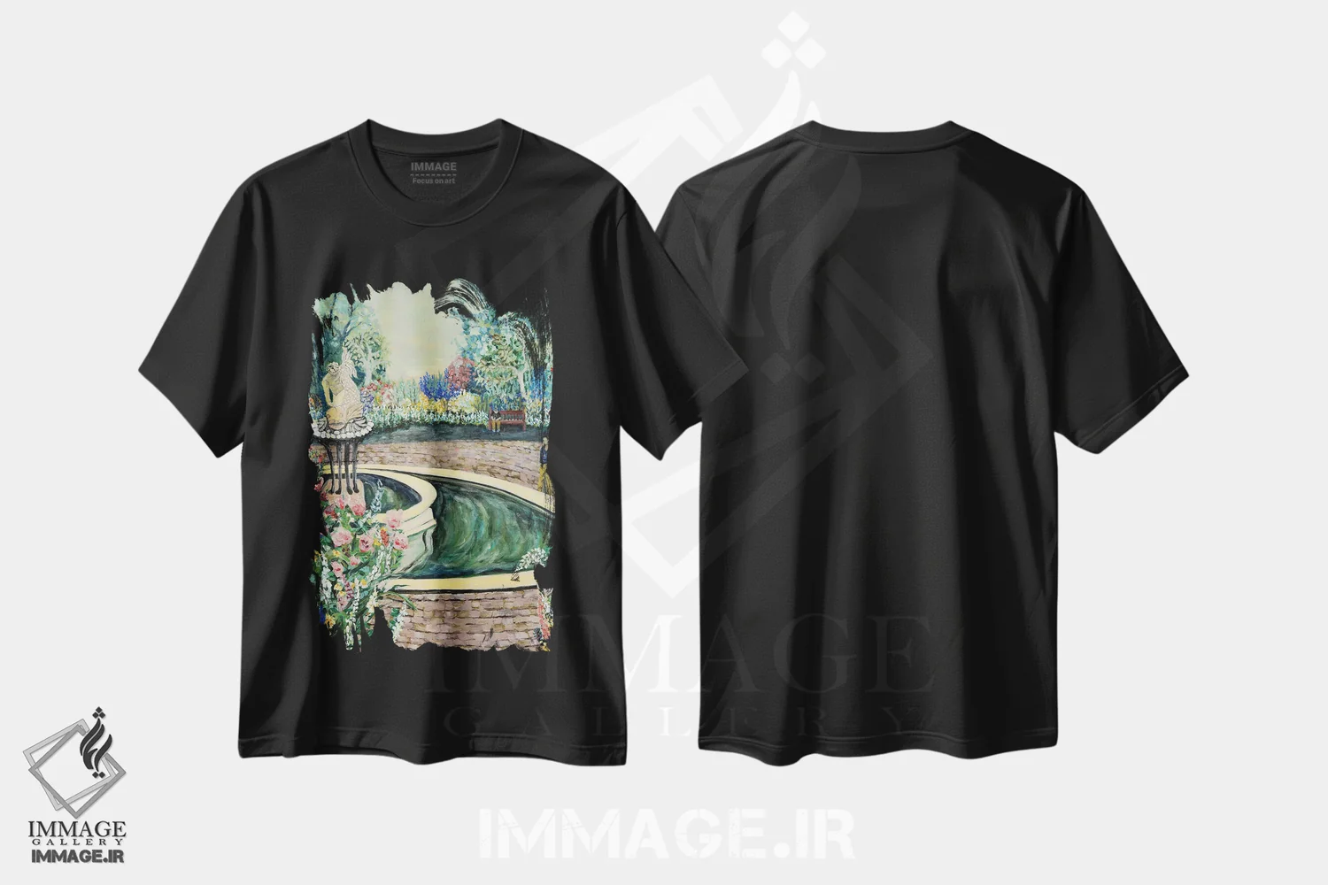 تیشرت مشکی طرح دار باغ ملکه، هنر فاخر معاصر اثر دبورا ایو آلاسترا | فروشگاه ایماژ