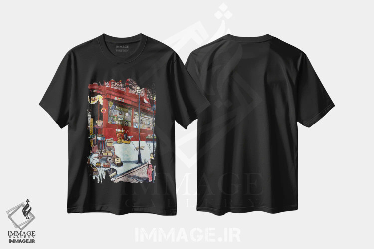 تیشرت مشکی طرح دار خیابان پورتوبلو، هنر فاخر معاصر اثر دبورا ایو آلاسترا | فروشگاه ایماژ