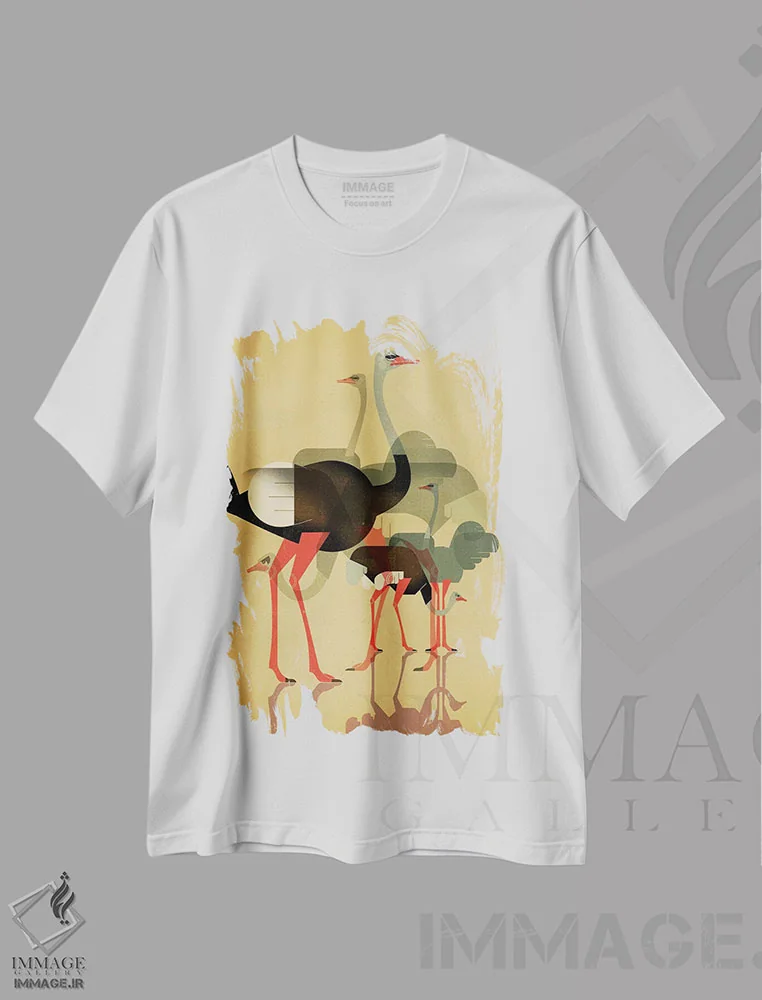 تیشرت سفید طرح دار شترمرغ ها، هنر دیجیتال اثر دیتِر براون | immage.ir