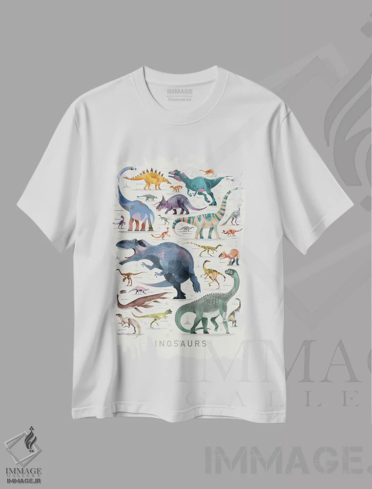 تیشرت سفید طرح دار دایناسورها ۲، هنر دیجیتال اثر دیتِر براون | فروشگاه ایماژ
