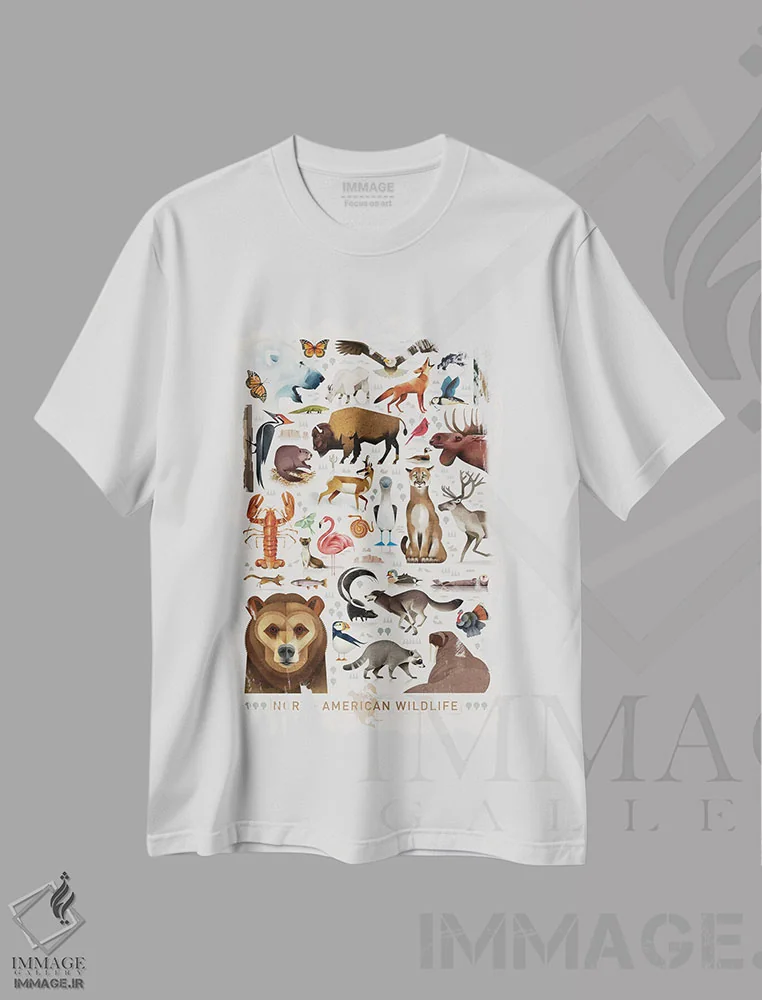 تیشرت سفید طرح دار حیات وحش آمریکای شمالی، هنر دیجیتال اثر دیتِر براون | فروشگاه ایماژ
