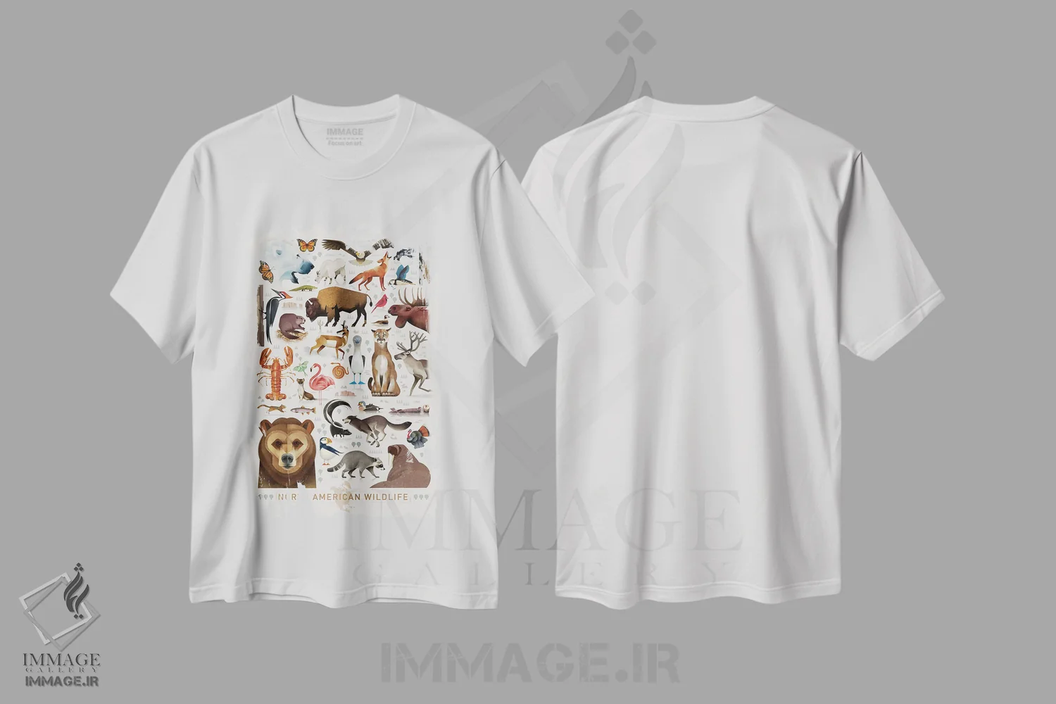 تیشرت سفید طرح دار حیات وحش آمریکای شمالی، هنر دیجیتال اثر دیتِر براون | فروشگاه ایماژ