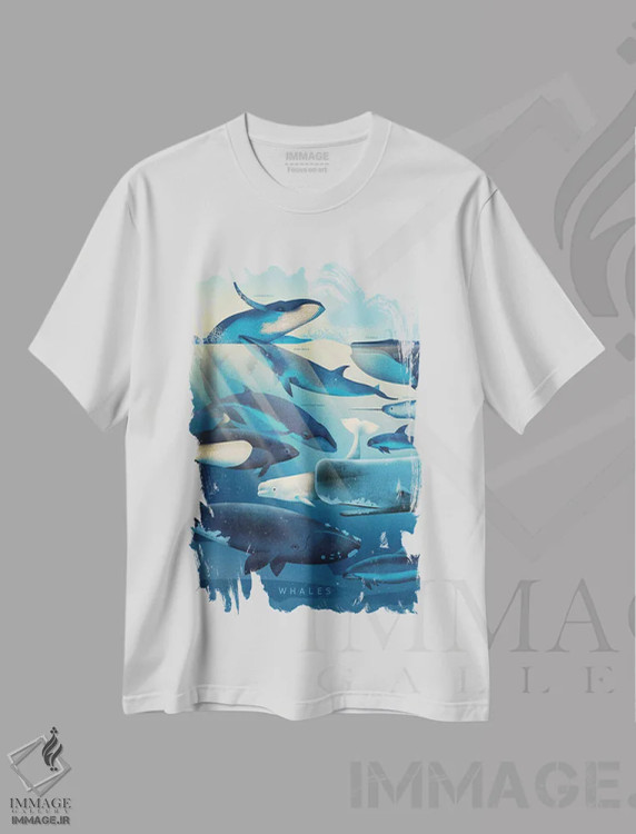 تیشرت سفید طرح دار نهنگ ها، هنر دیجیتال اثر دیتِر براون | فروشگاه ایماژ