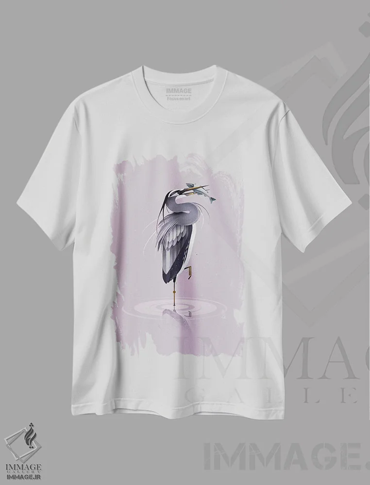 تیشرت سفید طرح دار حواصیل خاکستری، تزئینی اثر دیتِر براون | فروشگاه ایماژ