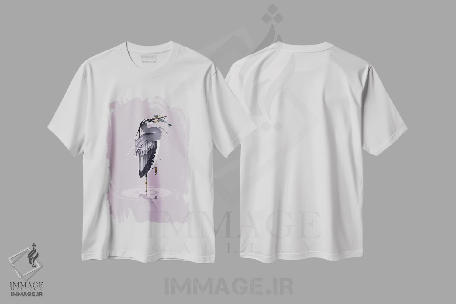 تیشرت سفید طرح دار حواصیل خاکستری، تزئینی اثر دیتِر براون | فروشگاه ایماژ