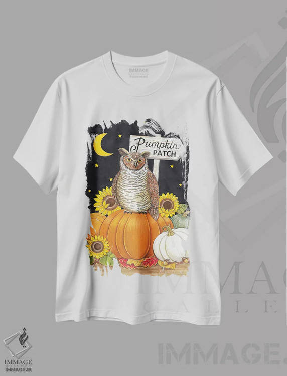 تیشرت سفید طرح دار جغد در مزرعه کدوحلوایی، تایپوگرافی اثر دب استرین | فروشگاه ایماژ