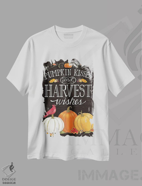 تیشرت سفید طرح دار بوسه های کدوحلوایی و آرزوهای برداشت محصول، تایپوگرافی اثر دب استرین | immage.ir