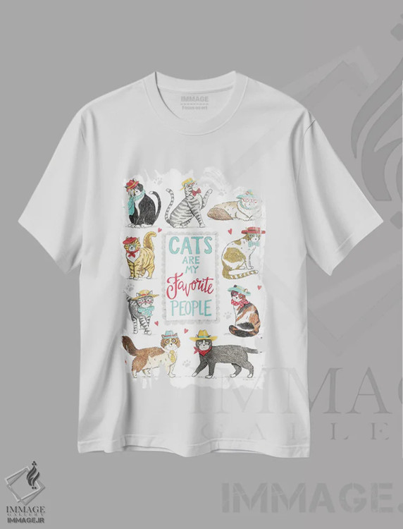 تیشرت سفید طرح دار گربه ها محبوب ترین افراد من هستند، دست نقاشی و طراحی دستی اثر دب استرین | فروشگاه ایماژ