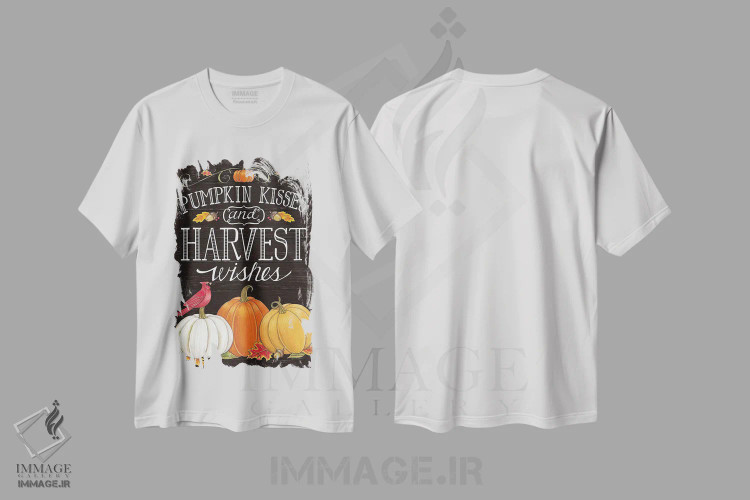 تیشرت سفید طرح دار بوسه های کدوحلوایی و آرزوهای برداشت محصول، تایپوگرافی اثر دب استرین | immage.ir