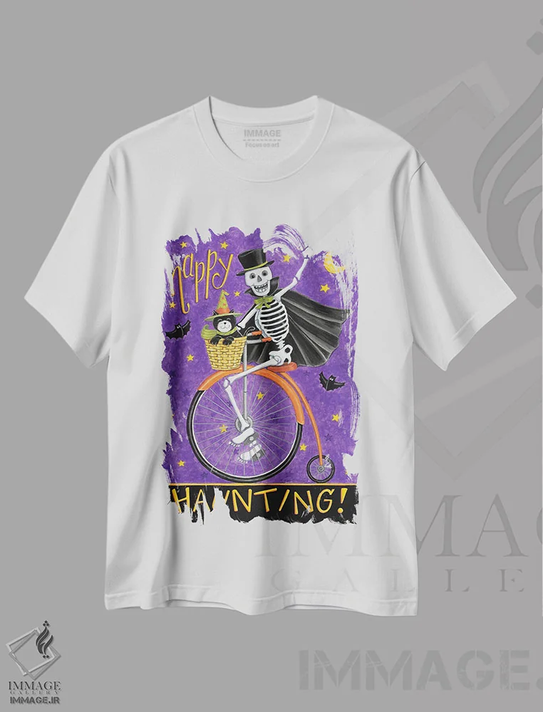 تیشرت سفید طرح دار اسکلت روی دوچرخه، تایپوگرافی اثر دب استرین | immage.ir