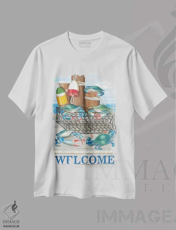 تیشرت سفید طرح دار خوش آمدگویی خرچنگ، تزئینی اثر دب استرین | immage.ir
