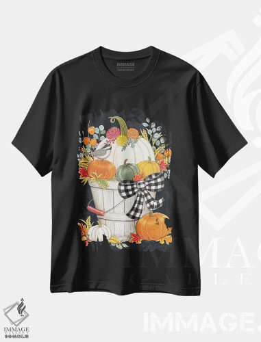 تیشرت مشکی طرح دار سطل پاییزی با چکیده، دکور معاصر اثر دب استرین | فروشگاه ایماژ