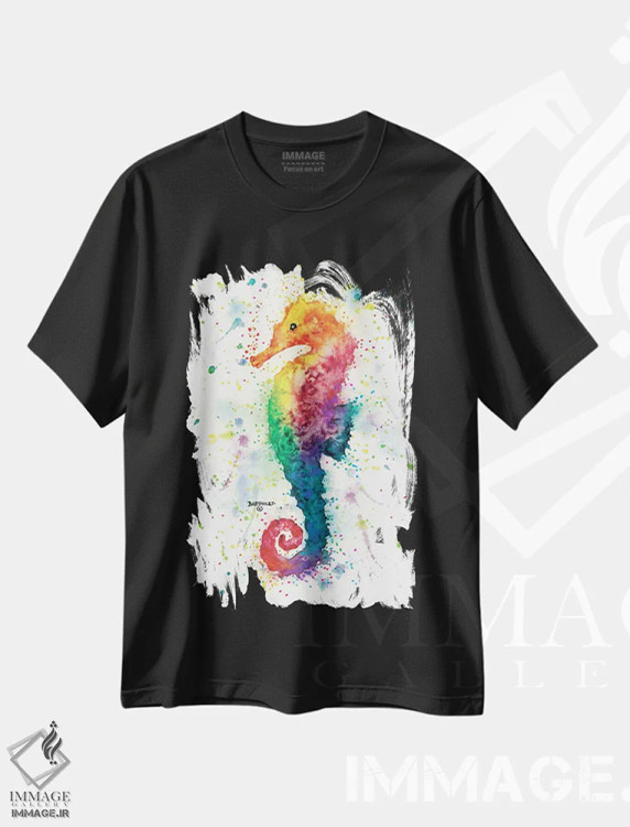 تیشرت مشکی طرح دار اسب دریایی، دکور ساحلی اثر دیو بارتولت | فروشگاه ایماژ