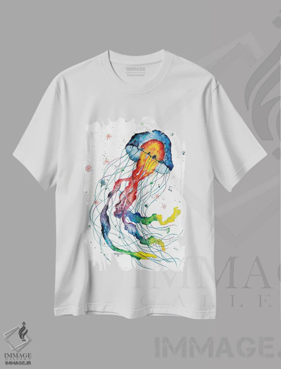 تیشرت سفید طرح دار عروس دریایی رنگین کمانی، دکور ساحلی اثر دیو بارتولت | فروشگاه ایماژ