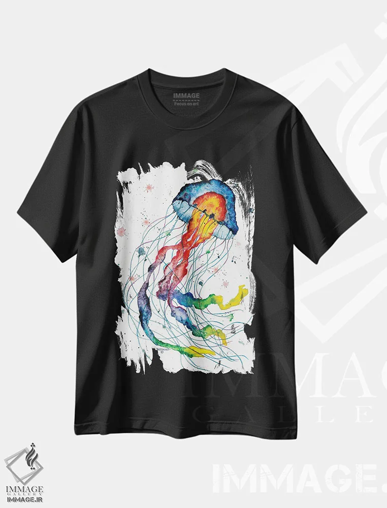 تیشرت مشکی طرح دار عروس دریایی رنگین کمانی، دکور ساحلی اثر دیو بارتولت | immage.ir