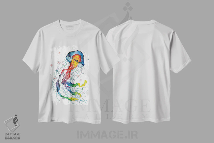 تیشرت سفید طرح دار عروس دریایی رنگین کمانی، دکور ساحلی اثر دیو بارتولت | فروشگاه ایماژ