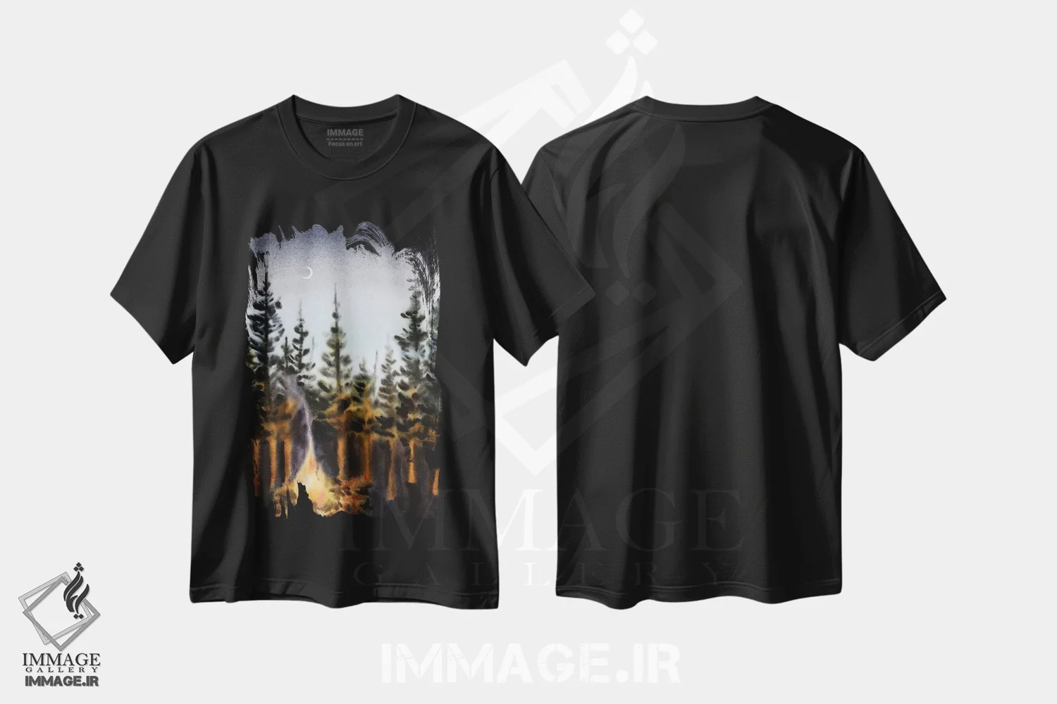 تیشرت مشکی طرح دار شب شگفت انگیز در جنگل، دکور کلبه و لژ اثر دلنارا ال | immage.ir